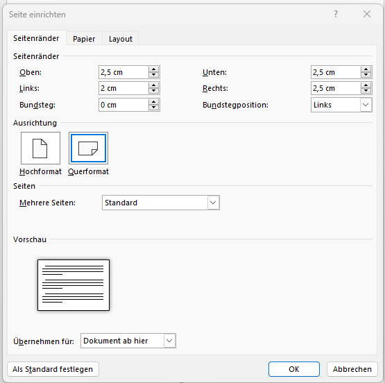 Eine Seite im Querformat in Word